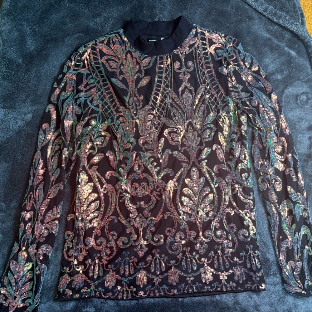 SHEIN Black and Cream Sequin Embellished Blouse